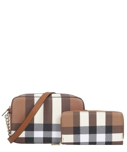 2 In1 Smooth Checkered Plaid Design Crossbody with Matching Wallet Se F0621-LM-8356-W BROWN